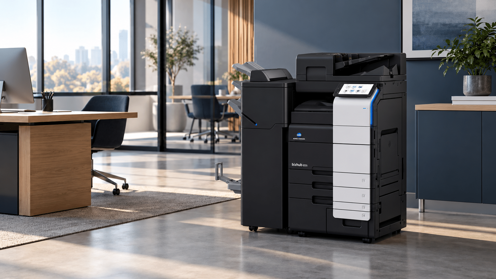 Copieur Konica Minolta avec finisseur dans un bureau