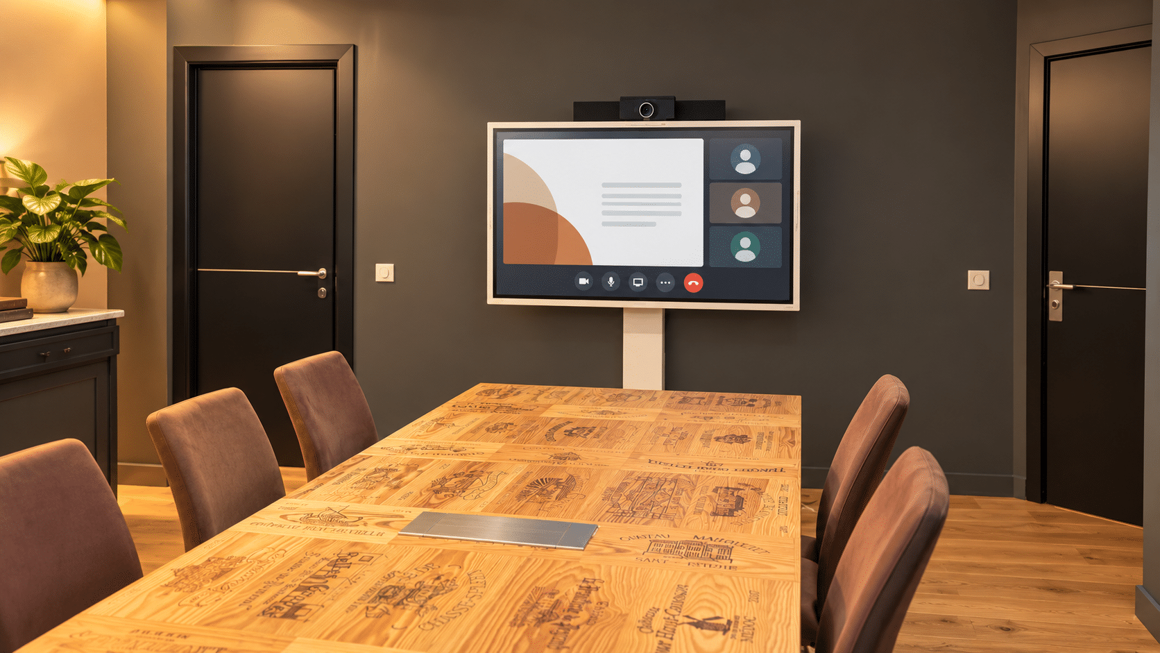 Mise en situation d’une salle de réunion avec écran et table en bois à motifs